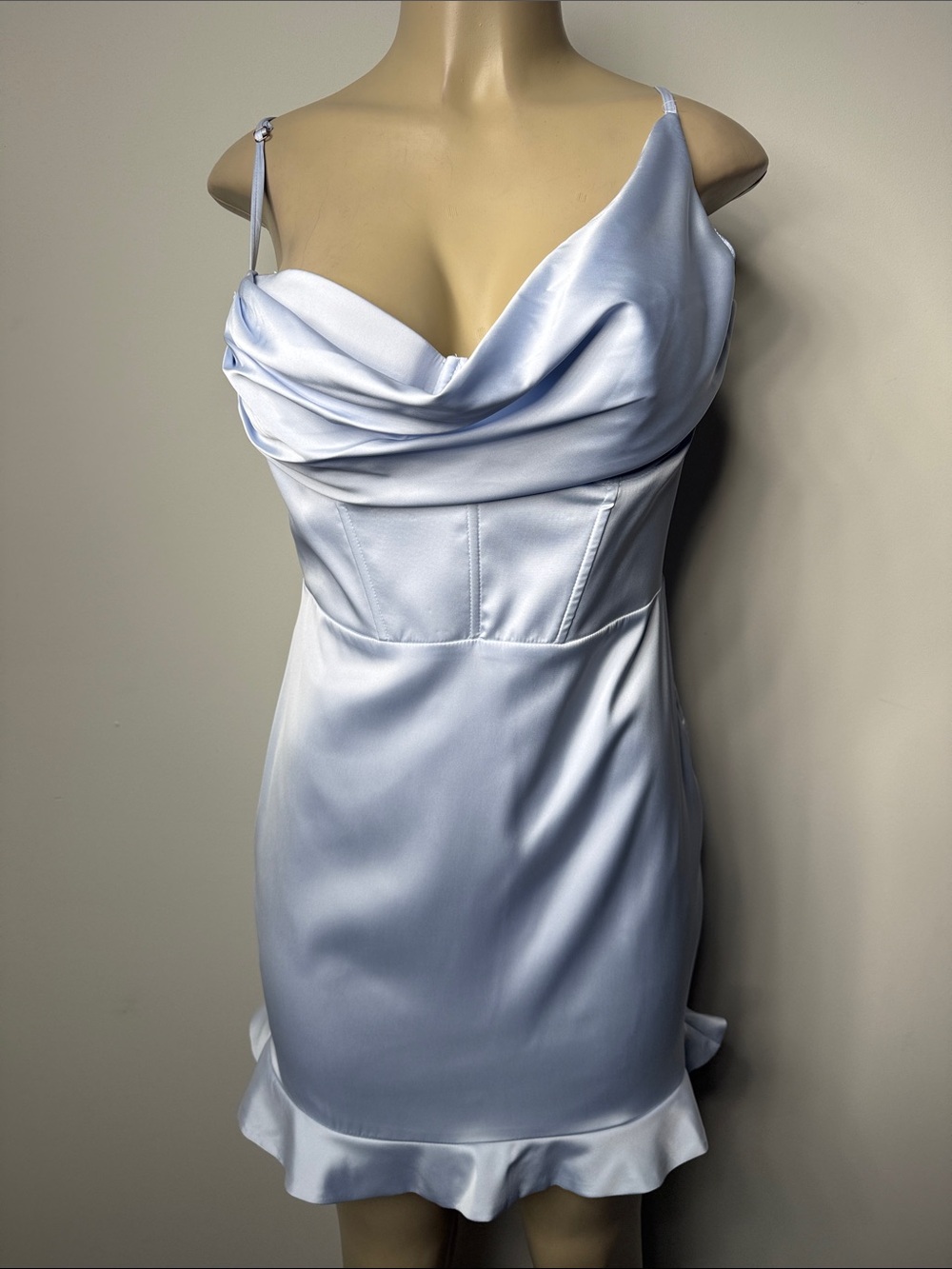 Oh Polly Pale Blue Satin Cowl Neck Mini Dress